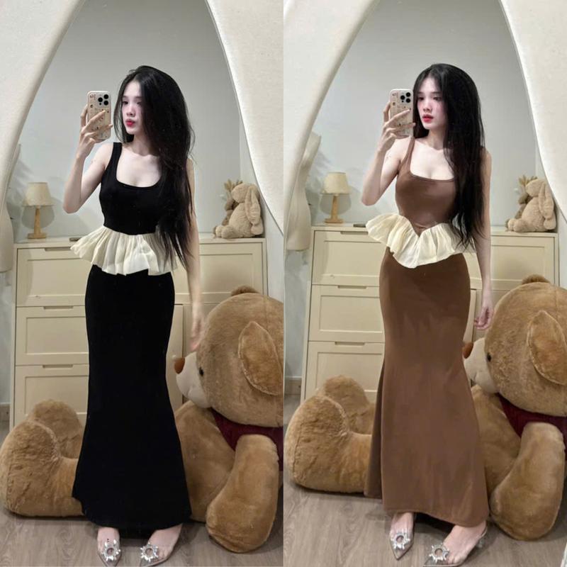 Set bộ váy nữ , áo kiểu nữ cổ U vạt xòe phối váy dáng dài PLS387