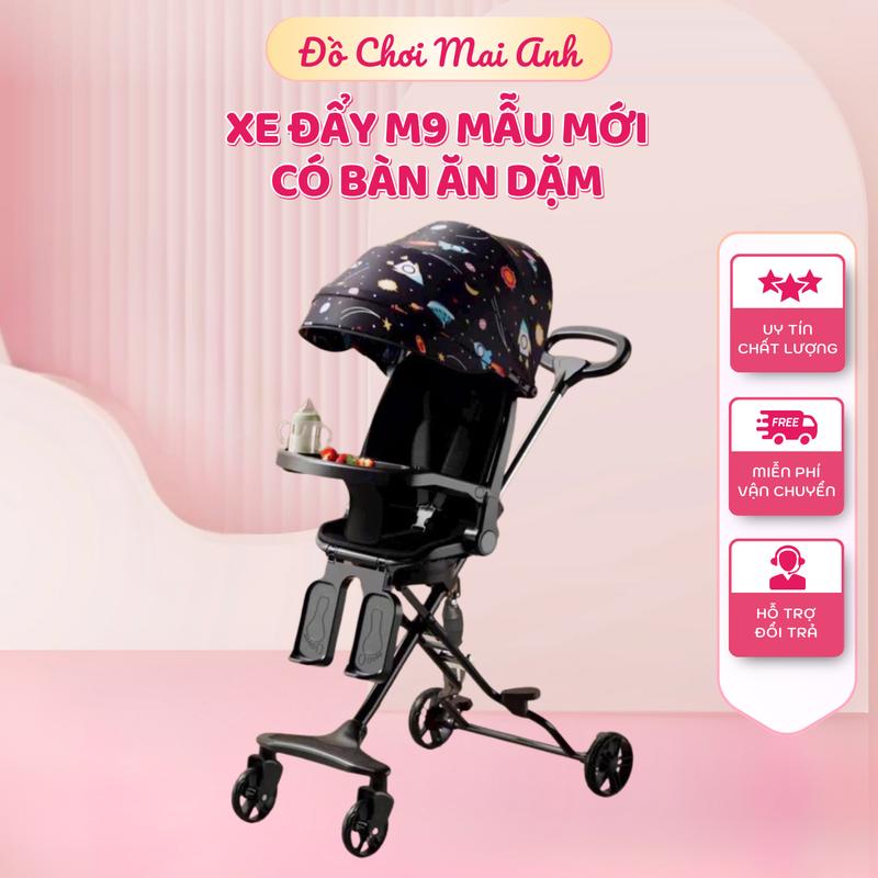 Xe đẩy gấp gọn cho bé M9 đẩy 2 chiều 3 tư thế xoay ghế bằng nút bấm có bàn ăn dặm lò so giảm sóc,màn che nắng chỗ để chân cho bé
