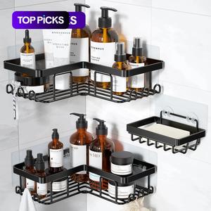 シャワーシェルフ、2つのステンレス製シャワーキャディーと1つのソープホルダーを含む3つのカウント/セット、フック付きコーナーラック、パンチフリーのバスルームオーガナイザー、ホームグッズ