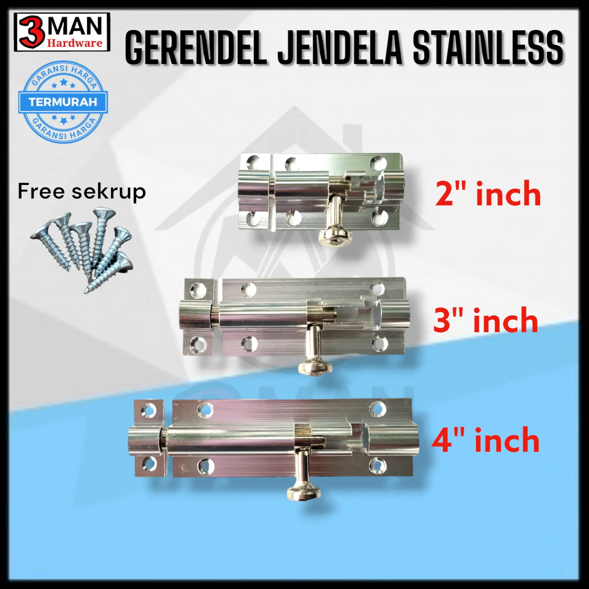 Grendel Slot Pintu Jendela Stainless Steel - Grendel Anti Karat - Grendel Tebal 2'' 3'' 4''