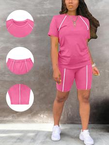 Conjunto deportivo de dos piezas para mujer, camiseta de manga corta, shorts de ciclismo de cintura alta, fitness, yoga y running, ropa deportiva casual con ajuste entallado elástico