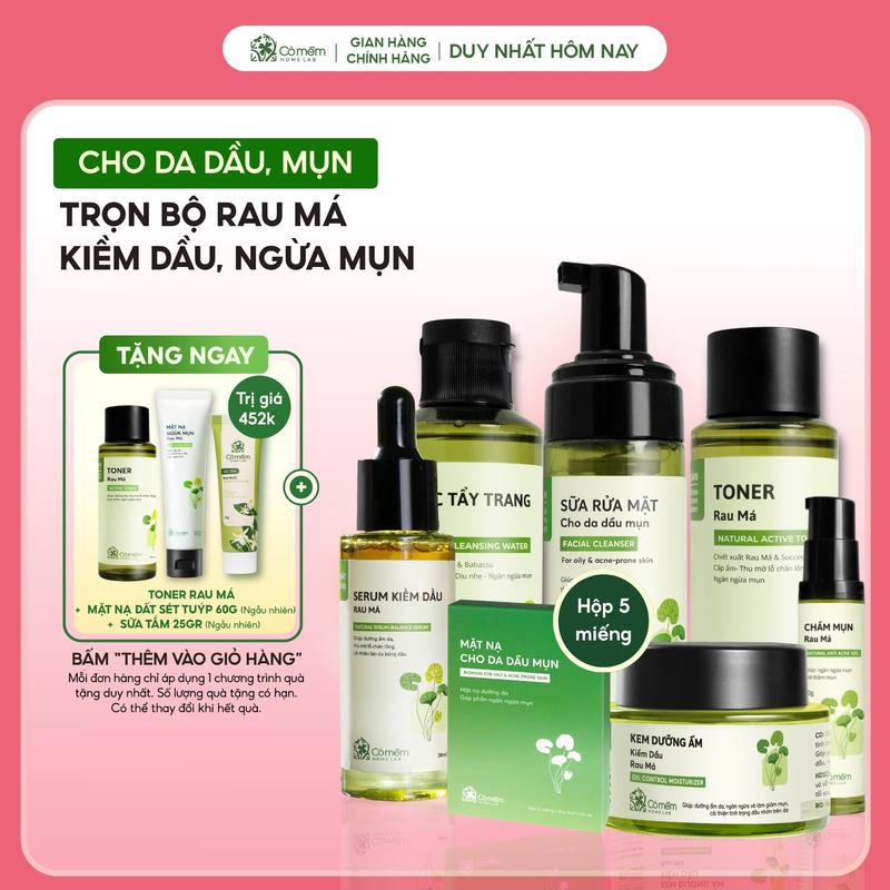 Trọn bộ Skincare Chăm Sóc Da Kiềm Dầu Giúp Giảm Mụn Rau Má Chuyên Sâu Bọt Rửa Mặt, Nước Tẩy Trang, Toner, Kem Duỡng, Serum, Chấm Mụn, Mặt Nạ Cỏ Mềm