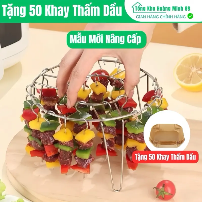 Vỉ Nướng Thịt giá nướng thịt 24 xiên cho nồi chiên không dầu giá nướng thịt chuyên dụng vỉ giá làm thịt nướng BBQ giá xiên chống rỉ size 16cm [Tặng 50 khay Thấm Dầu] 3