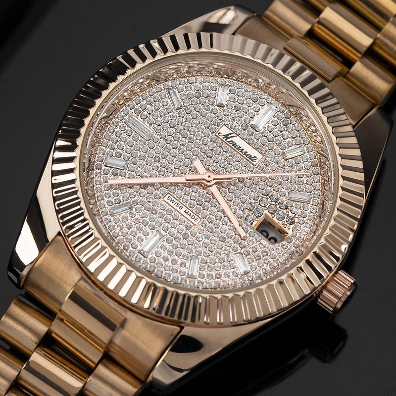    ĐỘC QUYỀN HÙNG LUXURY   N317 - Đồng hồ nam cơ Mmasseti dây thép vàng hồng mặt full đá sang trọng – automatic cao cấp 
