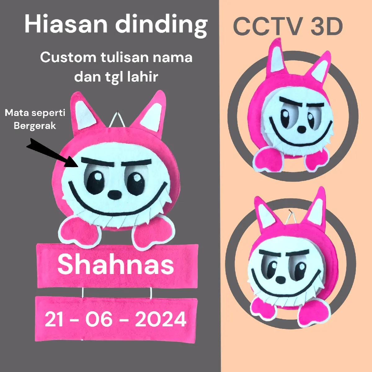 Hiasan dinding CCTV 3D Labubu viral - Hiasan gantung tulisan nama - Hanging door Anak