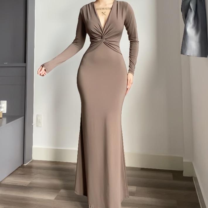  Đầm body nữ form đuôi cá tay dài cổ xẻ thiết kế xoắn eo tròn tôn da ôm dáng sang chảnh Lolystore dress women HL134 