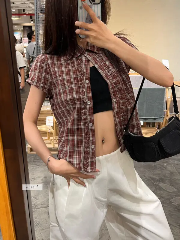 Nimbus Top - Áo kiểu nữ, áo sơ mi nữ họa tiết caro phối bèo ngắn tay nhiennhienvintage BA474 4