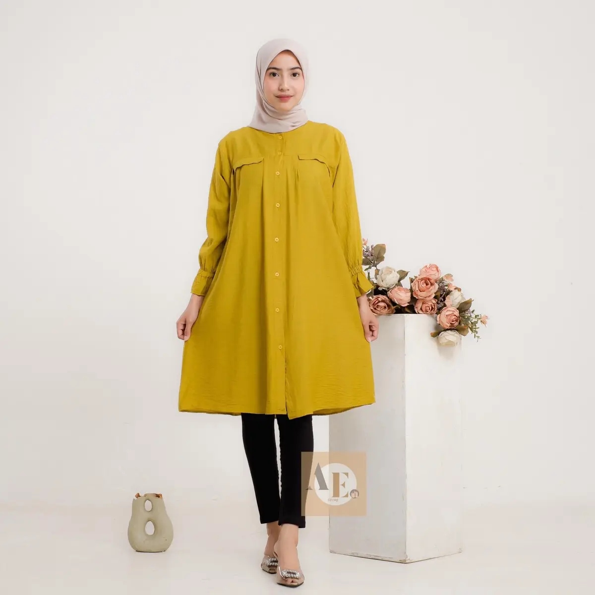 Annisa Tunik Polos Polo Linen Full Kancing Aktif Busui Friendly Saku depan Variasi Lengan Karet Berkerah Sanghai ll Kemeja Wanita Kekinian Casual Atasan Muslim Panjang Kerah Basic Wudhu dan Busui Friendly long Formal Nyaman Simple Soft Crinkle Dress