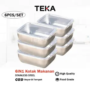 TEKA 6 PCS/Set Food Box Mini /13.5x10.5x5CM Tempat Makanan Bahan Stainless FoodBox Serbaguna Microwave Food Grade TutupFood Prep Plastik / Kotak Kulkas Stainless 304 / Kotak Penyimpanan Makanan Stainless Serbaguna / Tempat Wadah Makanan Stainless Steel