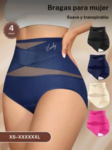Brasier de cintura alta con estampado de letras y malla de contraste para mujer, cómodo y transpirable sin costuras para uso diario, ropa interior femenina para todas las estaciones
