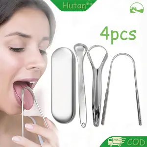 4pcs Set Pembersih Lidah 3-in-1 Basmi Bau Mulut Scraper Sikat Stainless Steel Kebersihan Mulut