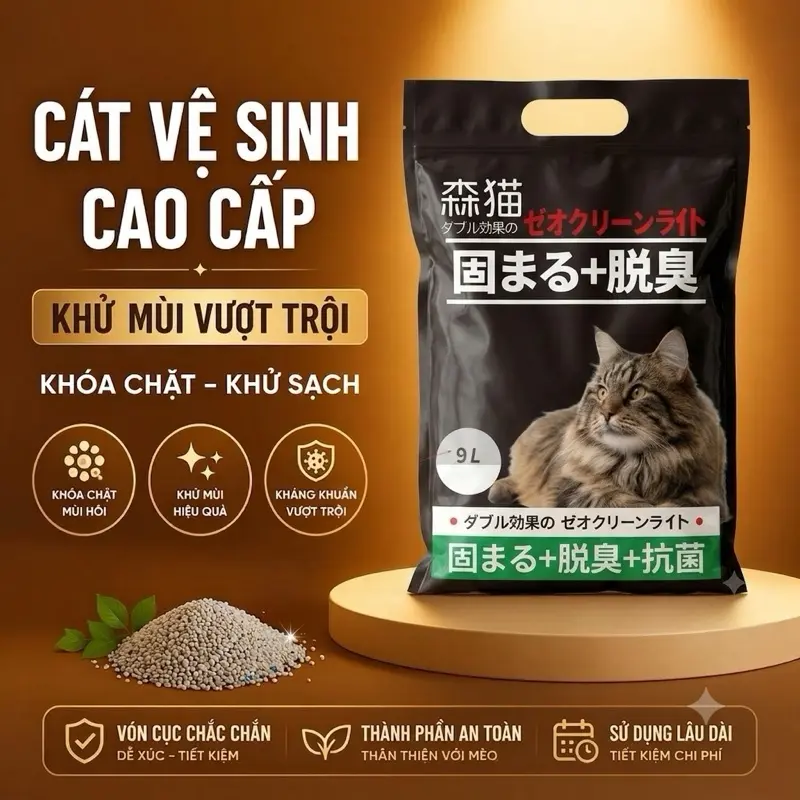 Cát Nhật đen cho mèo 9L, Cát vệ sinh cho mèo khử mùi, vón cục, thấm hút - Caopets cát vệ sinh mèo