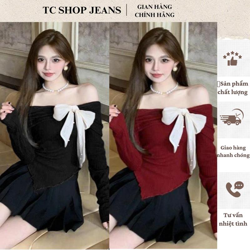  Áo Trễ Vai Nơ Đính Ngọc Bigsize Tăm Tay Dài TC Shop Jeans Nữ Nhung Women Kem 109 