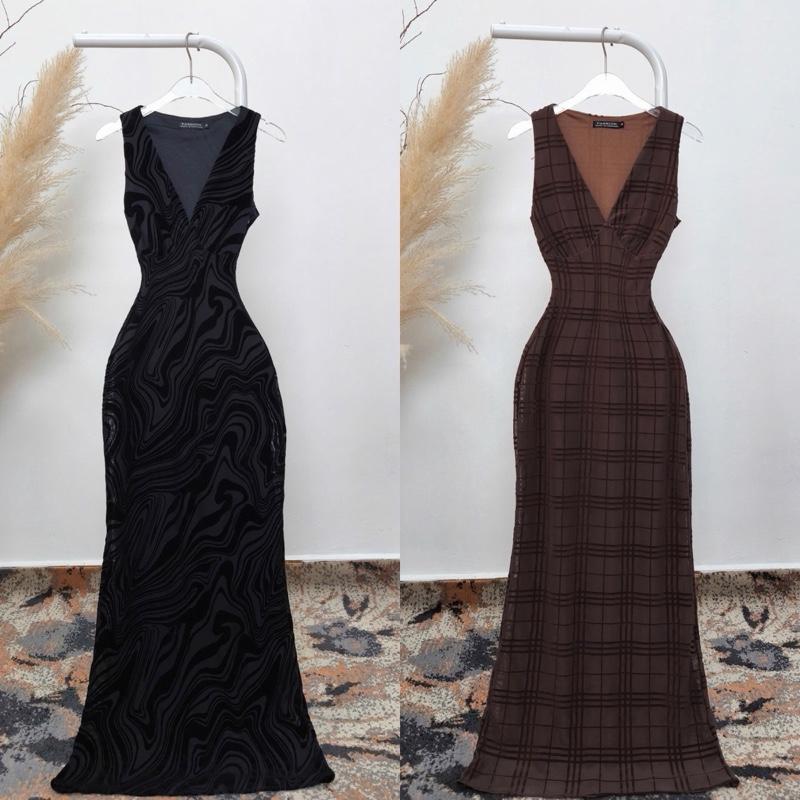 VÁY BODY CỘC TAY CỔ V D330 Đầm body thun lưới cao cấp hai dây to form midi sang trọng đi tiệc