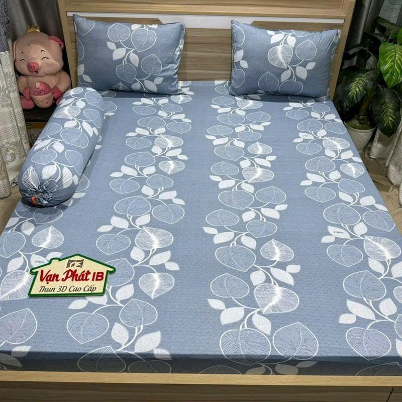  bộ ga gối thun lạnh,HQ lá trầu xám ,xanh biển nhạt   4 món,gồm2 vỏ gối nằm 1 ôm 1 ga bo chun  chân nệm 20cm thun thoáng mát ko xù lông ra màu 