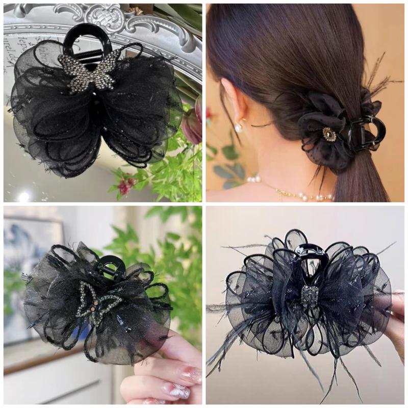 Kẹp Cá Mập, Hàng Mới Về, Thiết Kế Nơ Đen Cổ Điển Kẹp Tóc Lông Vũ Cá Tính, Kẹp Tóc Thanh Lịch Và Tinh Tế, Thích Hợp Cho Phần Sau Của Đầu