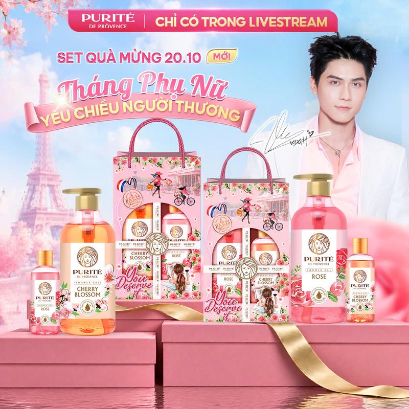 Sữa Tắm Purité Anh Đào/Hoa Hồng/Mẫu Đơn/Tinh Dầu Thơm/Oải Hương 850ML Tặng Sữa Tắm Anh Đào/Hoa Hồng 250ML