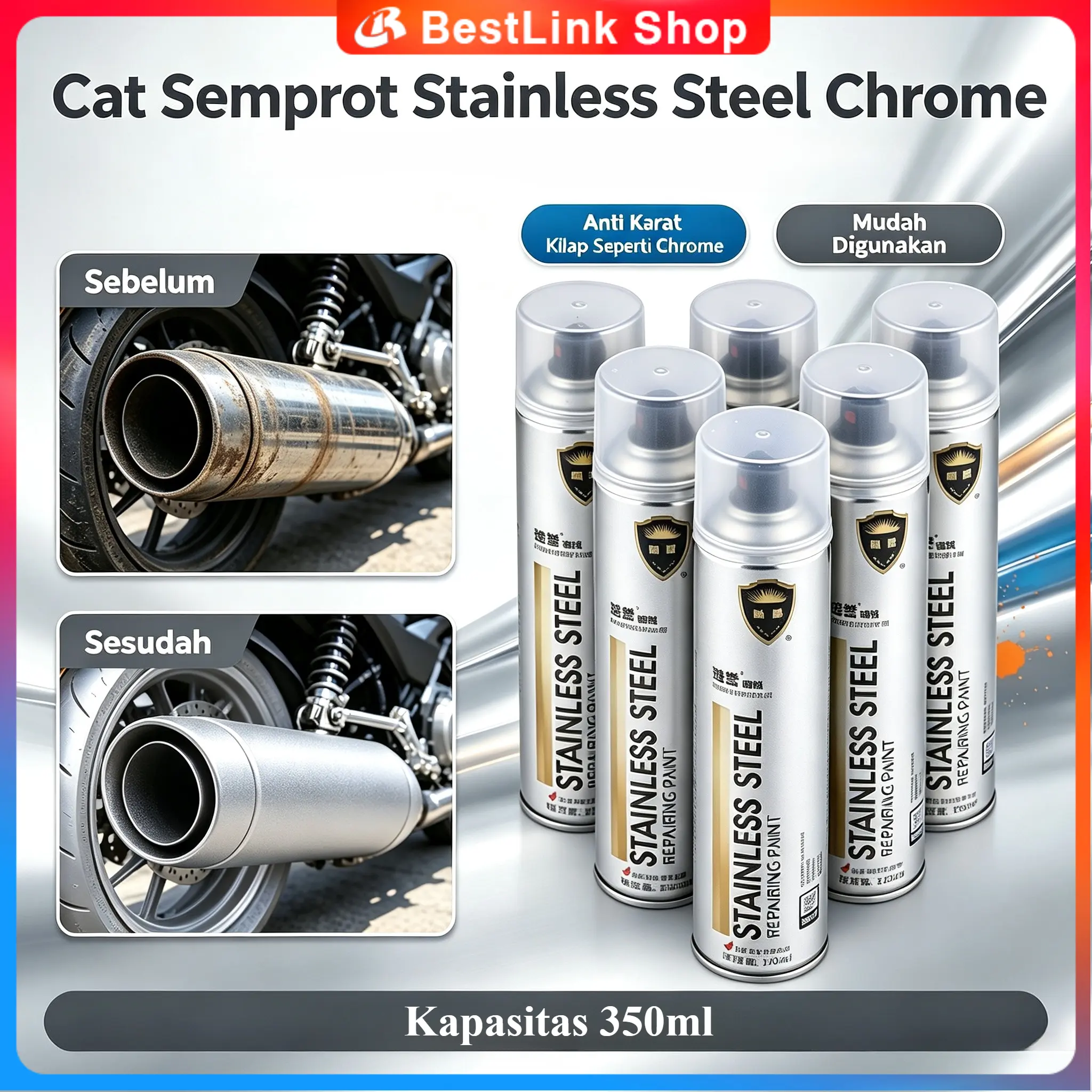 350ML Cat Semprot Chrome Sapporo Chrome Spray Paint Anti Karat Warna Stainless Hitam Mengkilap Untuk Knalpot Anti Panas