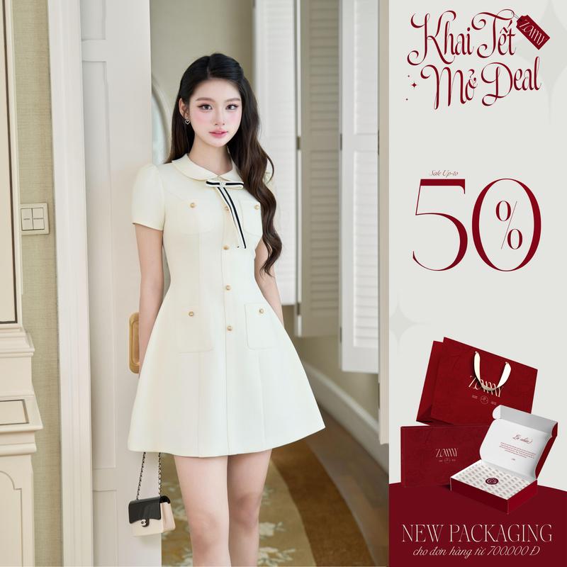  ZAMYSHOP - Váy thiết kế cổ sen khuy dọc nơ kẻ,váy xinh vibe tiểu thư,thanh lịch,đầm đẹp đi tiệc cưới 