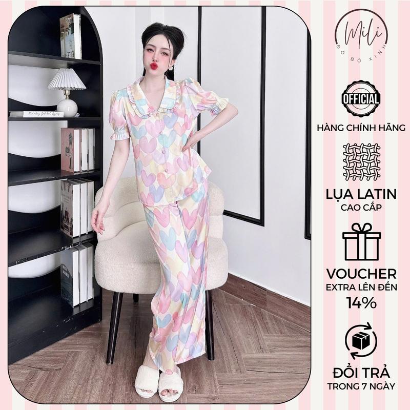  Đồ Bộ Pijama Nữ Tay Ngắn Phối Cổ Bèo Viền Bèo MiLi – Áo Tay Ngắn Quần Dài Có Túi – Vải Lụa Latin Mềm Mịn Cao Cấp 