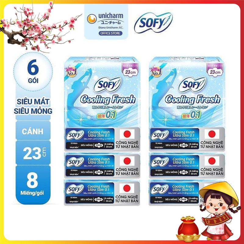 COMBO 6 Sofy Băng vệ sinh Cooling Fresh siêu mỏng cánh 23cm gói 8 miếng