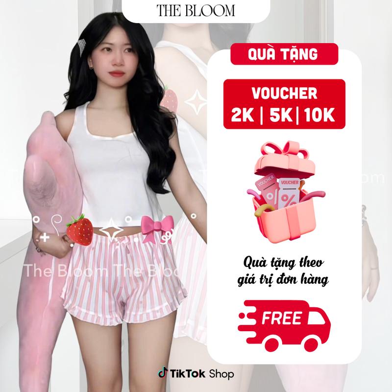 THE BLOOM Set bộ đồ ngủ áo ba lỗ trắng phối viền kèm quần short đính nơ viền bèo sọc trắng hồng, set ngủ tiểu thư Loungewear - SE018 Cotton Nữ Women Top bongu quyen ru bộ  ngủ  thun  tăm  2  dây