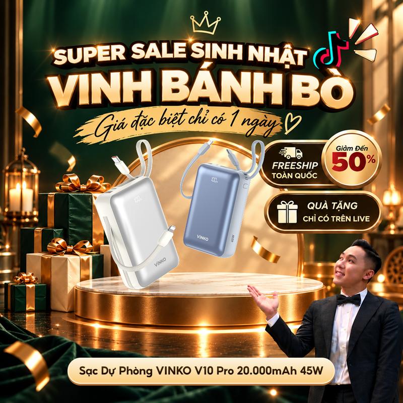 Live [VINKO x Vinh Bánh Bò] ~ 9K 3C Cục Sạc Dự Phòng VINKO 45W 20000mAh V10 Pro tích dây sạc Type-C & ip cho iPhone Android với màn hình LED