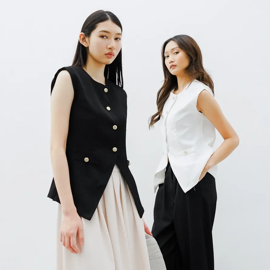 This Is April Atasan Blazer Wanita Tanpa Lengan Corra Vest Balck dan White