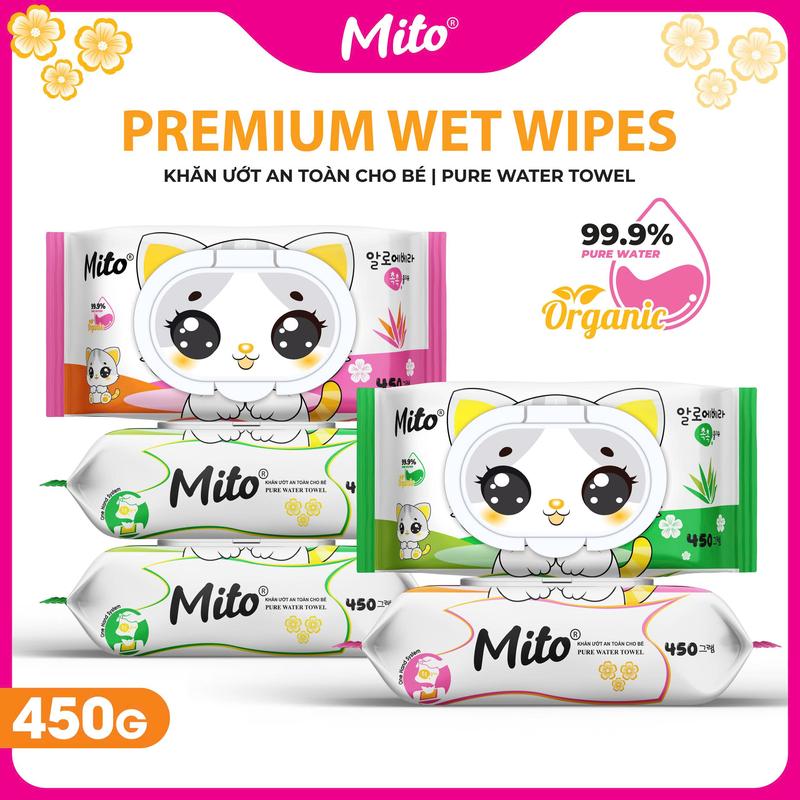 {Không có thùng nhựa}- Combo 10 Bịch Khăn Ướt Mito 450gr Không Mùi Khăn Ướt Giá Rẻ Dạng Khổ Lớn Chất Liệu Vải Chấm Bi An Toàn Cho Bé