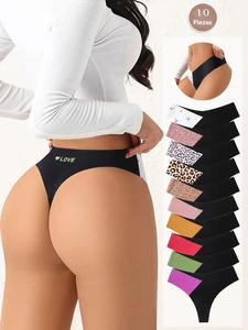 Set de 10 piezas de ropa interior femenina, tanga sexy de cintura baja en bloques de color en forma de V, bragas suaves y cómodas aptas para todas las estaciones y uso diario.