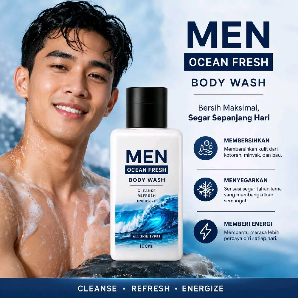 Men Ocean Fresh Body Wash 100ml - Bersih Maksimal Segar Sepanjang Hari Membersihkan Menyegarkan Memberi Energi