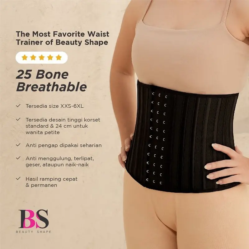 Beauty Shape 25 Bone Breathable Waist Trainer Waist Shaper Korset  Pelangsing Black standard 30cm XXS