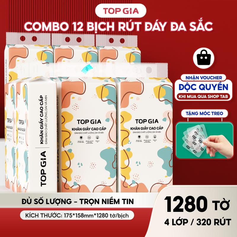 (ĐA KHO) COMBO 12 bịch khăn giấy ăn cao cấp treo tường TopGia 4 lớp không bụi mịn 1280 tờ rút tiện lợi Giấy Vệ Sinh, giấy rút đa năng treo tường ĐẠT QUY CHUẨN CỦA BỘ CÔNG THƯƠNG (DS)