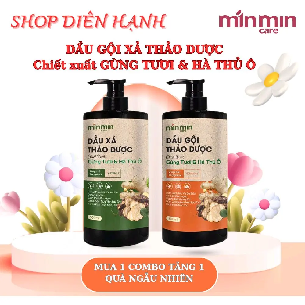 DẦU GỘI XẢ THẢO DƯỢC MIN MIN CARE chiết xuất GỪNG TƯƠI & HÀ THỦ Ô
