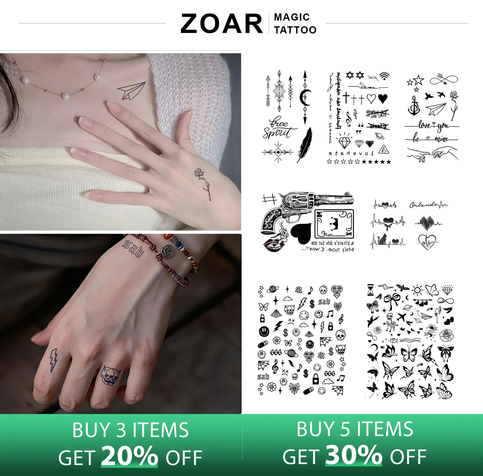 ZOAR-Y19 Stiker Tato Temporary Semi Permanen【pola kecil】Tahan lama Tattoo menempel dekorasi seni untuk pria dan wanita