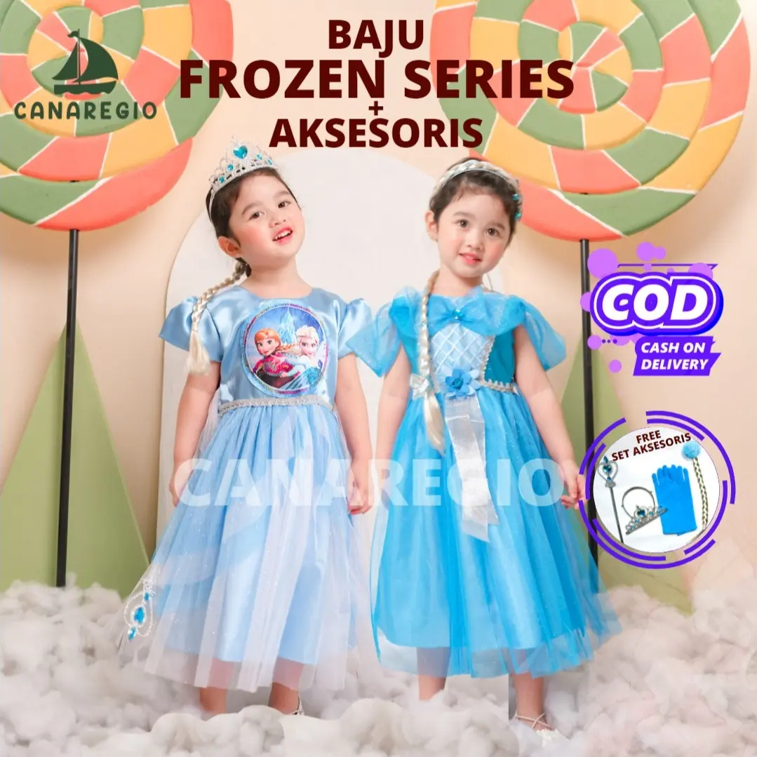 GRATIS AKSESORIS | Set Baju Frozen + Set Aksesoris Mahkota | Gaun Frozen | Baju Frozen | gaun anak perempuan | baju elsa frozen | Frozen Series | Set Aksesories Frozen Lengkap 4in1