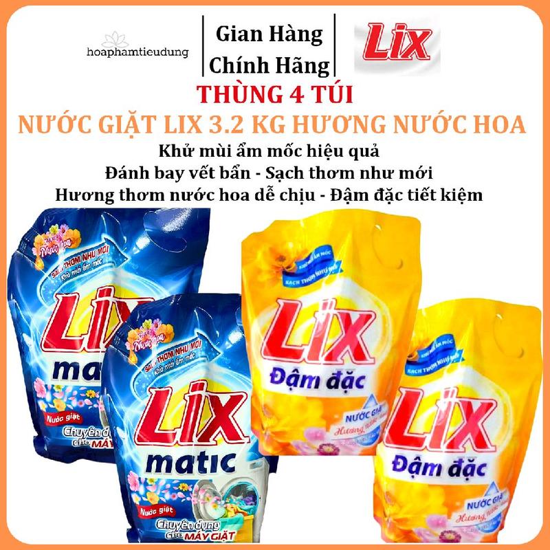 LIX - Thùng 4 Túi Nước Giặt Xả 2 trong 1 Lix Đậm Đặc Hương Hoa Túi 3.2L Làm Sạch Vết Bẩn Cực Mạnh Dễ Loại Bỏ Vết Bẩn Cứng Đầu Giặt Tay & Máy Cửa Trên