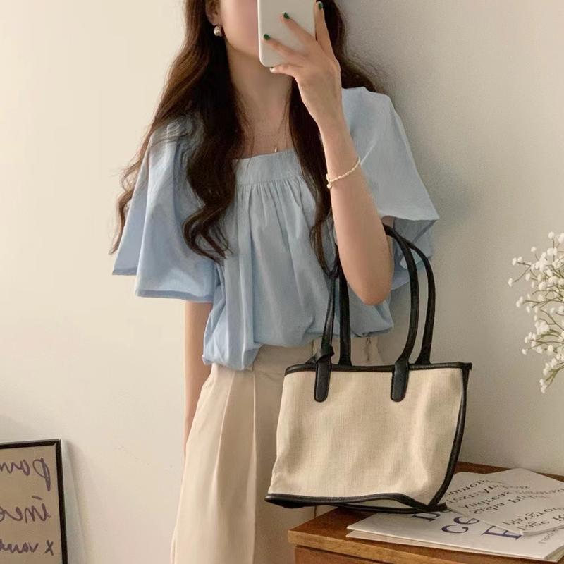 Product Introduction of South Korea Chic Temperamental Minority Elastic Pleated Square Collar Short Loose Large Bell Sleeve Short Sleeve Shirt Top Fabric Fit Womenswear Blouse Clothing Polyester Sleeved Lingerie Solid Style Basic Fitted Minimalist 15