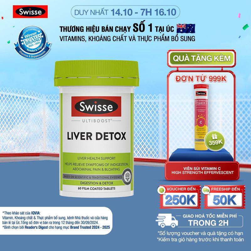 SWISSE x HANNAH - Viên uống hỗ trợ giúp thải độc gan & giúp giảm khó tiêu đầy bụng Swisse Ultiboost Liver Detox (60 viên)