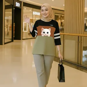 Oyrich Atasan Wanita Kombinasi Lengan 7/8 Variasi Gambar Kucing Premium Lucu