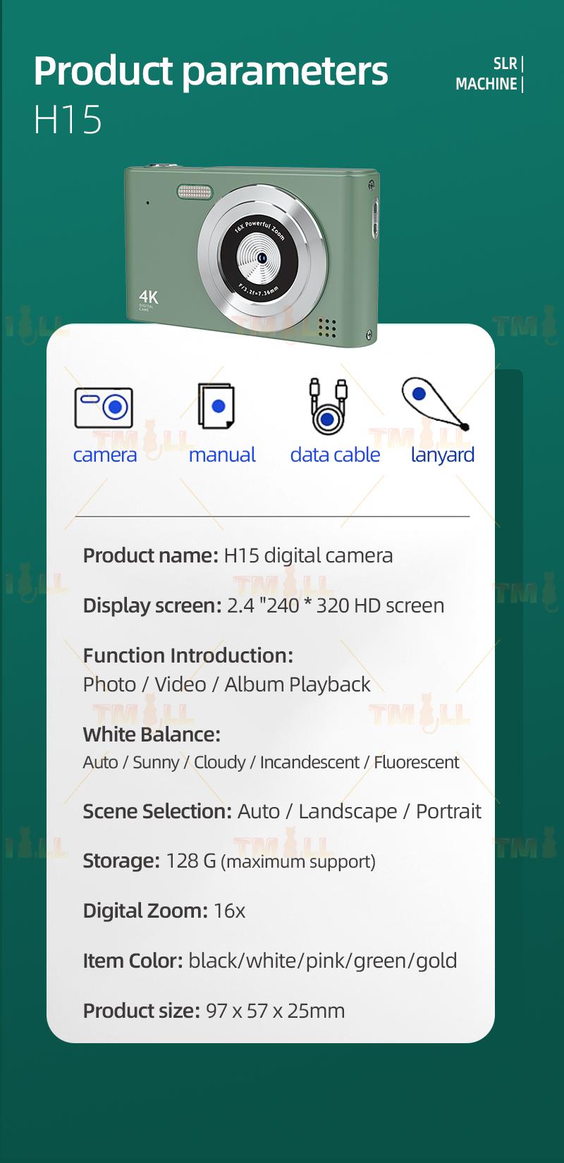 Product Introduction of [Sg Ready Stock] 5Color 1080P Digital Camera Video Camcorder 48MP Photo 16X Zoom Anti-shake HD digital retro camera Card Rechargeable Birthday Cable 44