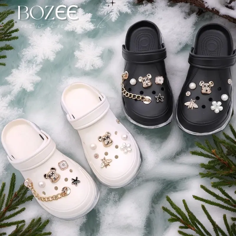 ￼BOZЄЄ Sandal 907-Wanita Korea Sandal Jelly Wanita Fuji Sandal Sepatu Tinggi 5.5cm CROSS Gold Rantai Slip On Media EVA Sandal Sendal 0