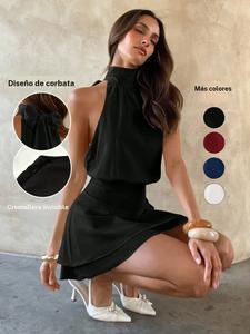 Vestido corto elegante y sexy para mujer con cuello halter ajustado, diseño de patchwork, falda escalonada, lazo en el espalda, vestido de fiesta