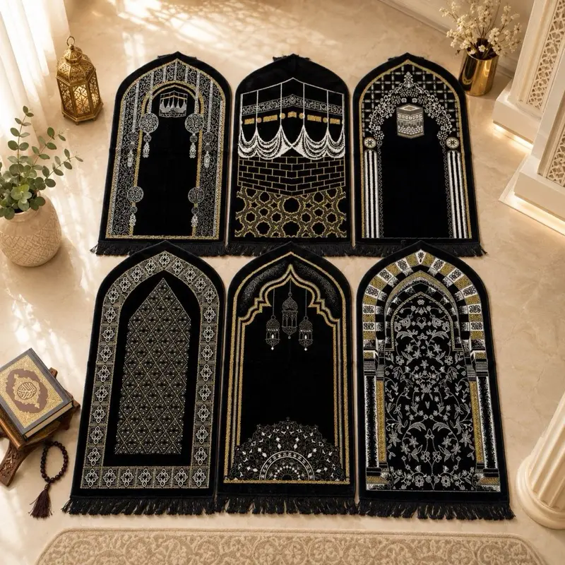 Sajadah Beludru Turki BW Black and White Ukuran Medium Gold Hitam Muslim Umroh Motif Haji