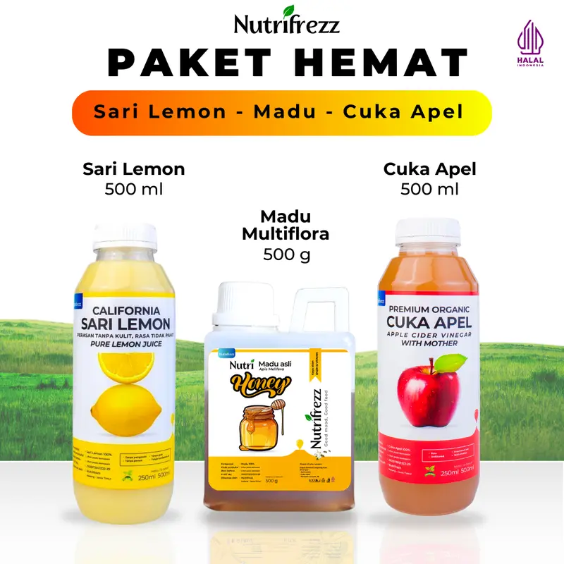 Nutrifrezz Paket Bundling 15 Hari 3in1 Cuka Apel With Mother 500ml Sari Lemon 500ml Madu Multiflora 500gr 0
