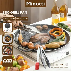 Minotti Alat Grill Panggang Panggangan BBQ Anti Lengket Wajan Pemanggang BBQGrill Pan Anti Lengket Serbaguna dengan Lapisan Teflon dan Oil Drain Design untuk Memanggang dan Barbecue - Arang
