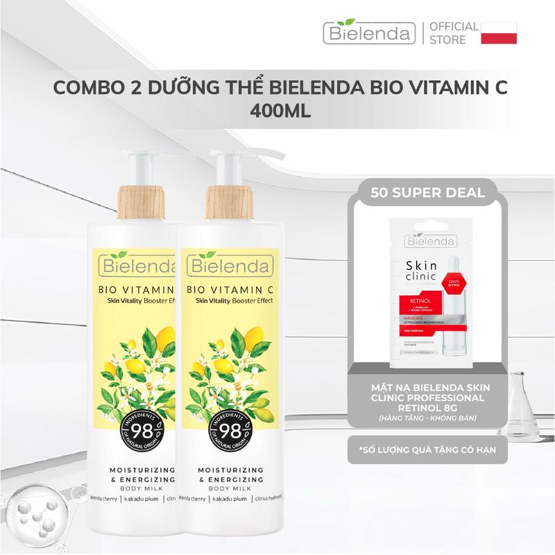 SUPER DEAL Bielenda Combo 2 Dưỡng Thể Bio Vitamin C 400ml TẶNG Mặt nạ Bielenda Skin Clinic Professional Retinol 8g