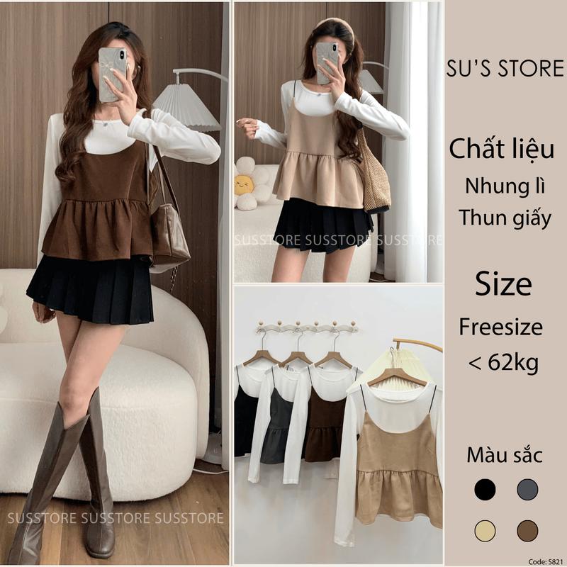 CÓ BÁN LẺ Set Áo Yếm Hai Dây Nhung Lì Kèm Áo Thun Giấy Dài Tay S821 Susstore Thời Trang Nữ