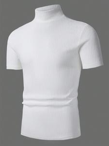 メンズ リブ素材 スタンドカラー 半袖 無地Tシャツ、アウトドアウェア、夏用モックネックトップス、秋にも適した