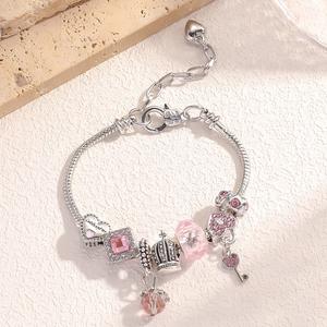 Gelang manik kristal kaca DIY berwarna merah jambu dengan lubang besar, gaya unik untuk wanita, reka bentuk mewah dan comel